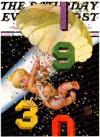 Baby New Year with a parachute, confetti falling