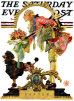 Eighteenth cent. man with bouquet of Easter flowers, poodle at his feet
