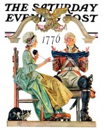 Redcoat holding yarn for colonist woman