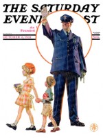 Policeman watching school children cross street