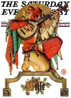 Kneeling jester playing mandolin, "Yule" at base