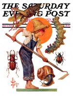 Boy with garden hoe surrounded by pests