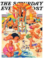 Lifeguard in chair, swimmers; sunbathers at beach