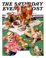 Family picnic interrupted by a cow