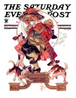 Dogs jumping at Colonial man with turkey platter