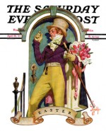 Foppish man with flowers knocking at door