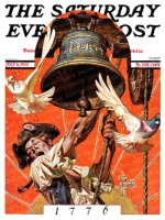 Colonial man ringing the Liberty Bell