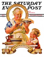 Grandma baking Thanksgiving pie, boy looks on