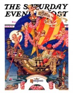 Couple on honeymoon ship surrounded by cherubs