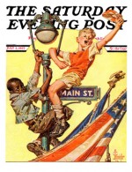 Boys watching parade from lamp post