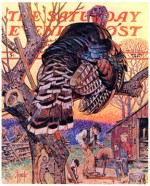 Turkey in tree, farmer honing axe