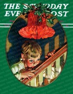 Boy looking over the banister, paper bell & holly