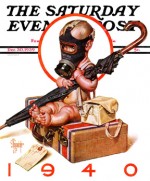 Baby New Year with gas mask and suitcase