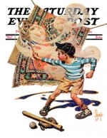 Boy beating rugs, baseball gear on ground