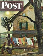 Children play in yard while mother hangs clothes on line