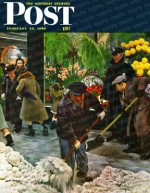 Shoveling snow in front of flower shop