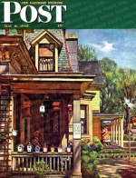 Bird house builder on front porch with birdhouses