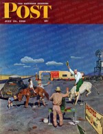 Family posing on stationary bucking broncos