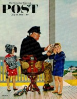 Child listening to seashell held by old sailor