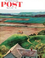 Farm children wave to passing train way in the distance