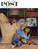 Boy shoots at TV cowboy from behind chair, dog sleeps