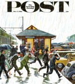 Commuters running in the rain from train to parking lot