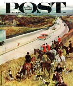 Fox on highway median, hunters on horses at fence