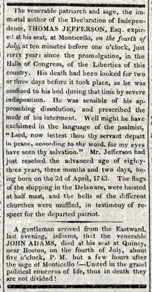 News of the death of John Adams and Thomas Jefferson from the July 8, 1826 issue of the Post.