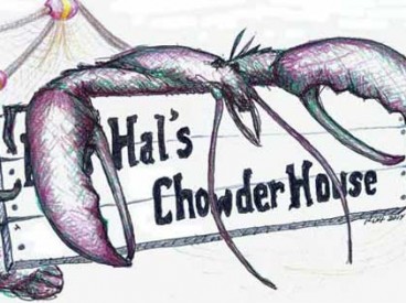 Illustration of a lobster hugging a sign that reads "Hal's Chowder House."