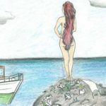 Sketch of a woman standing on a trash heap in the middle of the ocean as she looks at a nearby boat. Illustration by Amber Arnold © SEPS