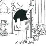 Woman telling a male cat at her door that her female cat can't come out to play again.