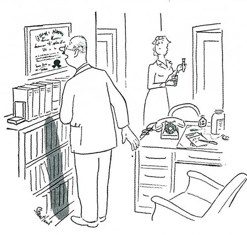 “Good heavens, nurse, I wonder how long this has been here! This isn’t my diploma—it’s the guarantee on my wife’s vacuum cleaner!” from July/Aug 2005