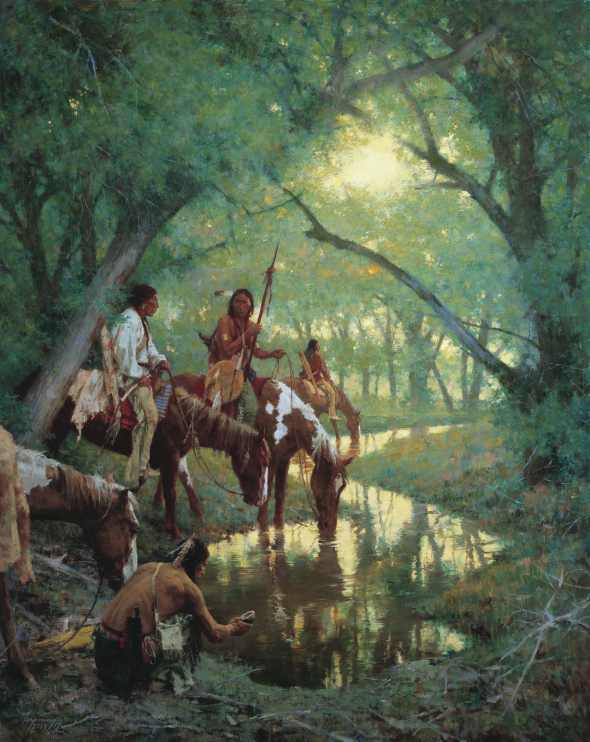 Cheyenne Indians stopping for water at a creek deep in a forest.