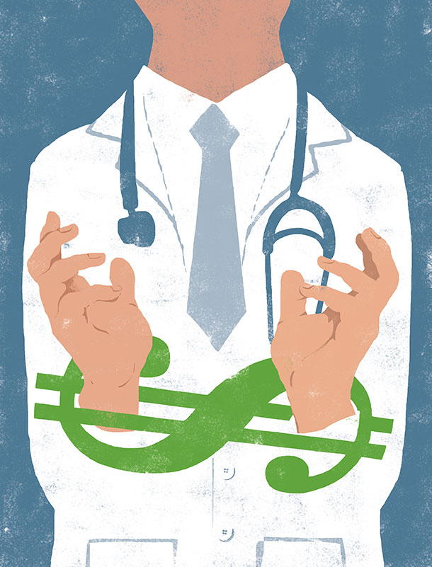 Doctor with hands cuffed in a U.S. dollar sign