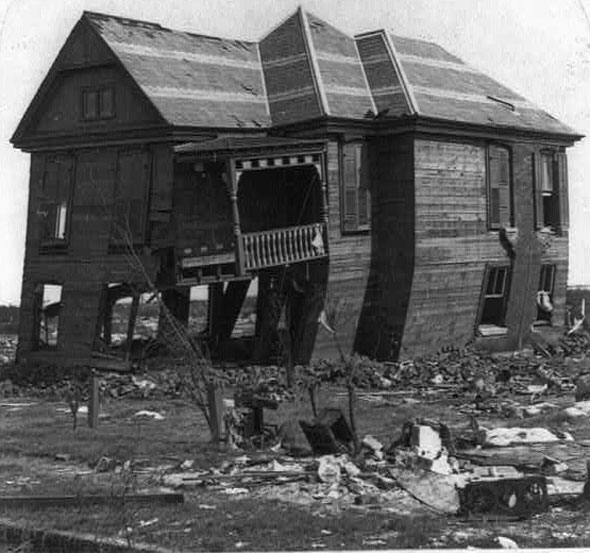 One of the few Galveston houses still standing — barely— after the 1900 hurricane.