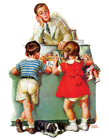 Two children, a boy and a girl, take their time picking out penny candies while the teenage worker stares off in a daydream