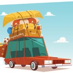 Illustration of luggage and canoe piled on top of station wagon