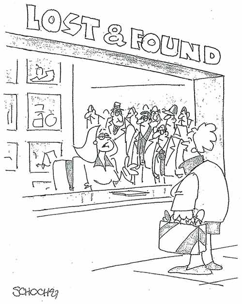A holiday shopper checks in with the Lost and Found counter hoping to find her missing husband. Behind the clerk is a crowd of confused men.