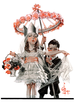 Painting of a young girl in a white dress and white paper crown being followed boy in breeches and a suit carrying a parasol.