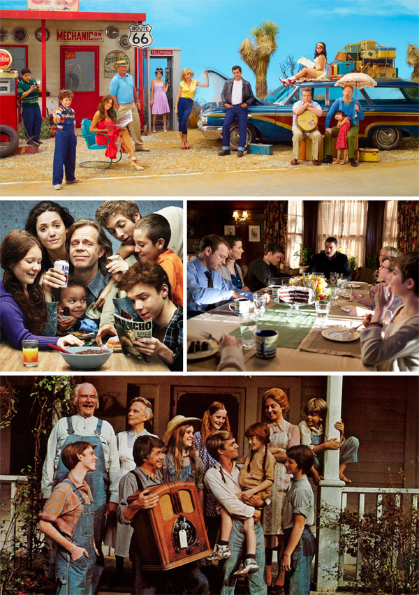 From top, cast of ABC's Modern Family (photo courtesy ABC), Shameless (Showtime), Blue Bloods (CBS), and The Waltons (Warner Bros).