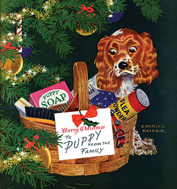 Puppy and Christmas gift basket for puppy under Christmas tree