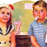 Young boy and girl on a date at a soda shop