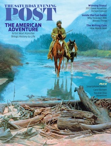 American pioneer horseriding through a shallow river