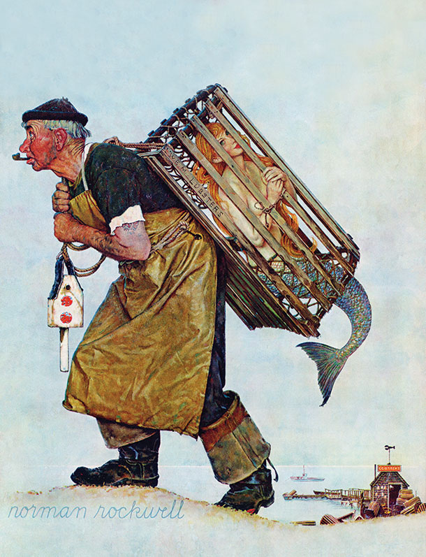 Norman Rockwell illustration of a man carrying a mermaid in a lobster trap