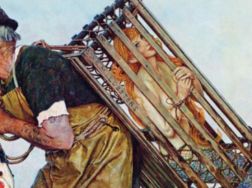 Norman Rockwell illustration of a man carrying a mermaid in a lobster trap