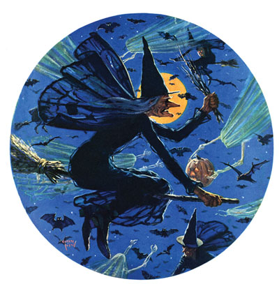 Witches riding broomsticks in the night sky surrounded by bats