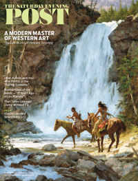 American Indians crossing a waterfall
