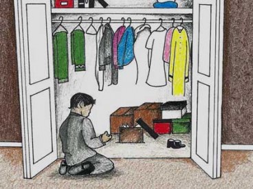 Sketch of a young man kneeling in an open closet, an item in his hand. Illustration by Amber Arnold © SEPS 2014