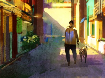 Man Walking Dog in a City