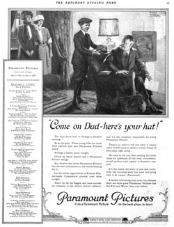 Paramount Pictures frequently advertised in the Post to encourage families to spend the evening at the Bijou instead of home. The success of the campaign is reflected in the fact that weekly attendance at movie theaters went up from 38 million in 1920 to 90 million in 1930.